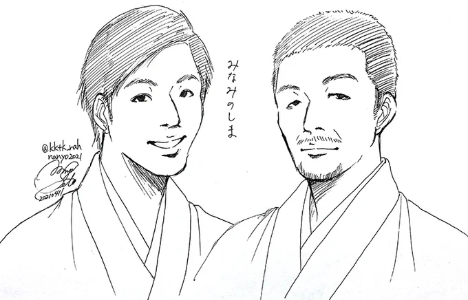 カッとなってみなみのしま時代のすゑ殿を練習してました。初描きです。
眠いのに私は何を…?
三殿はどうしても怖いが先行しちゃうけど、よく見ると可愛い顔しているし今と違う色っぽさがありますね☺️
南殿は気のいい兄ちゃんな感じが良き☺️しかし私の画力では表現出来ず?

では皆様素敵な夜を?✨ 