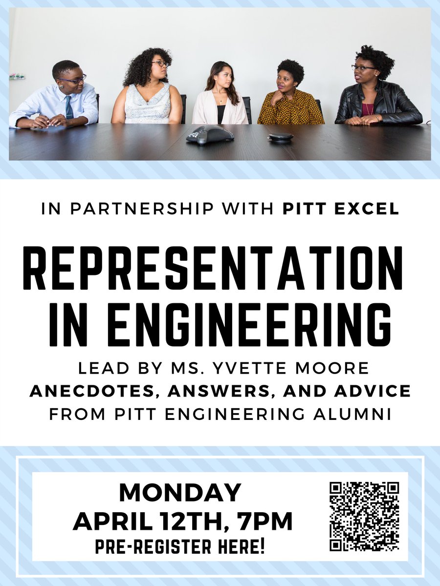This Monday at 7pm, the Engineering LLCs are partnering with Yvette Moore of Pitt EXCEL to bring you an alumni panel on "Representation in Engineering: Anecdotes, Answers, and Advice." Pre-register here tinyurl.com/reg-engr to be entered into a raffle for a padfolio!