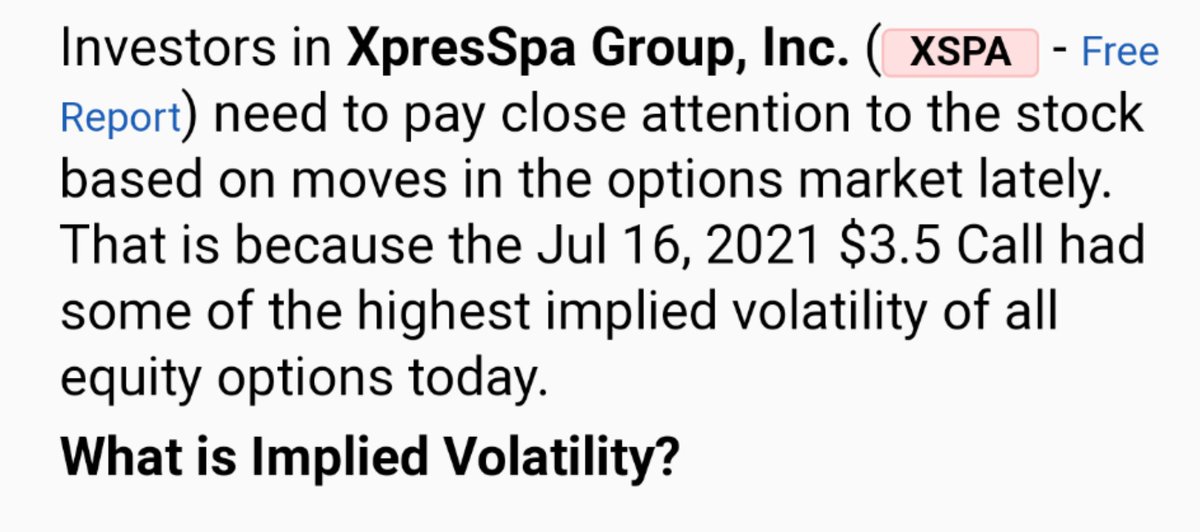TheOnlyRampart1's tweet photo. $XSPA hello!! "Implied Volatility Surging for XpresSpa (XSPA) Stock Options. Clearly, options traders are pricing in a big move for XpresSpa shares" 3.50 July calls. those shorts wise to cover. I think we will see 3.50 sooner.  https://t.co/7aWyfcStZb https://t.co/kLjPxqJk6y