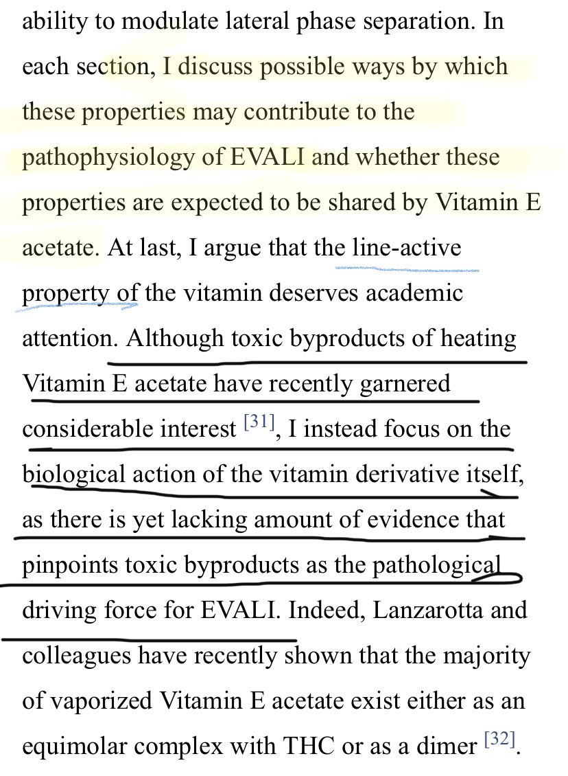 “...line-active property of the vitamin deserves academic attention. Although toxic byproducts of heating Vitamin E acetate have recently garnered...interest...there is yet lacking amount of evidence that pinpoints toxic byproducts as the pathological driving force for  #EVALI.”