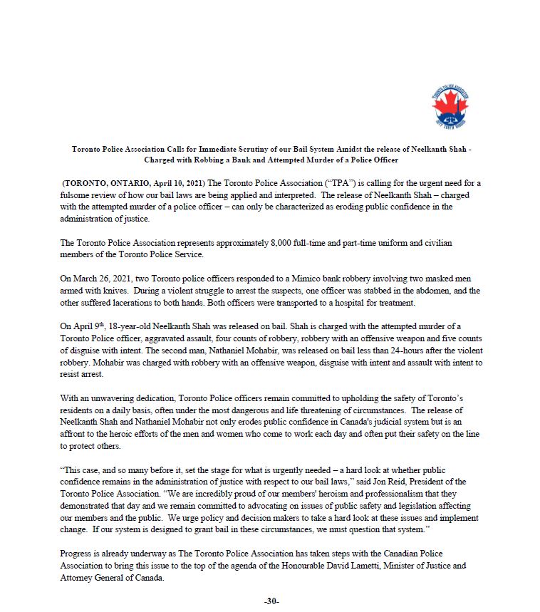 Jon_Reid_'s tweet photo. The Toronto Police Association calls for immediate scrutiny of our bail system amidst Neelkanth Shah's release - charged with robbing a bank and attempted murder of a police officer. Please follow this link to read the @TPAca Bail Release Statement https://t.co/KdfNtqCESz https://t.co/YR1kA6y5ws