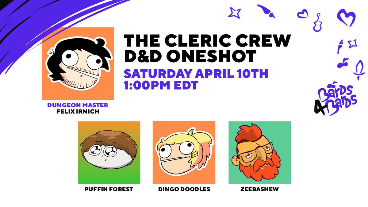 Bards4Bards's tweet photo. Hey there friends! It's only 30 minutes till the holy trinity of chaos goes live! Come watch @FelixIrnich lead @DingoDoodles @PuffinForest and @Zeebashew through clerical shenanigans on https://t.co/Ar6g87jMHV! #Bards4Bards https://t.co/fcCApGdTsX