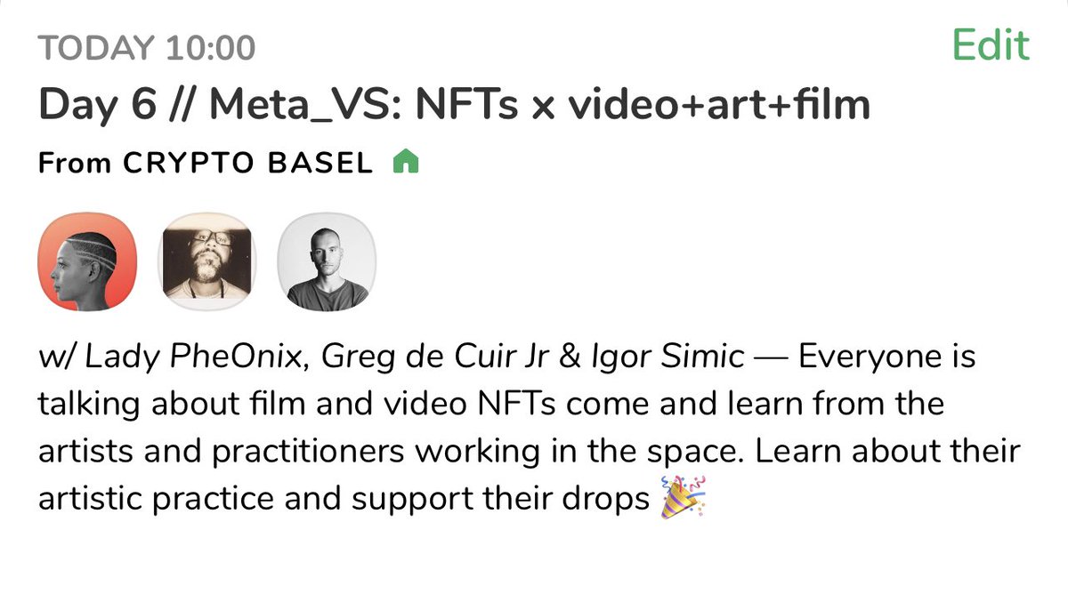 cryptoartadvisr's tweet photo. Day 6 // Meta_VS: NFTs x video art film with @_expoblvd_ , Igor Simic in #ClubCryptoBasel. Today, Apr 10 at 10:00 PDT on @joinclubhouse.
Join us! π
https://t.co/RjsFjmTuGZ https://t.co/jfXHWlTI2A