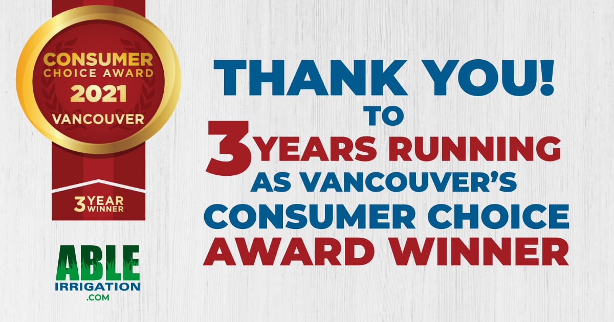 ableirrigation's tweet photo. For a 3rd straight year Able Irrigation is pleased to announce being selected as the Consumer Choice Award Winner🏆 for Irrigation Services in Vancouver, BC. In appreciation for this award we would like to offer  10% OFF for new clients. https://t.co/MnnJm8UwiG