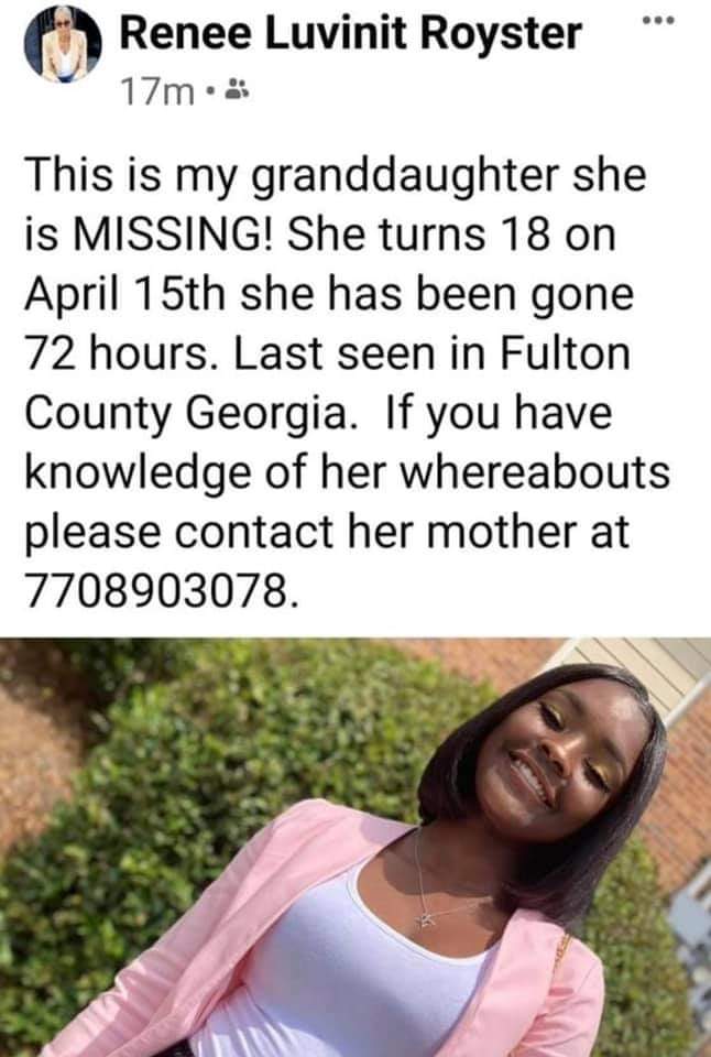Dee_awesome1's tweet image. This is my friend's granddaughter she is missing in #ATLANTA please retweet this.
#MissingPerson #MISSINGCHILD #MissingTeen #MISSINGWOMAN
#ATL #FULTONCOUNTY