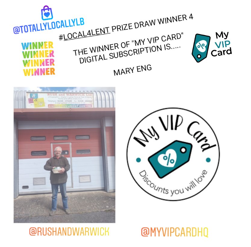 Announcing winner 🏆of @totallylocallylb #local4lent prize draw 🎁😍 number 4 for an @myvipcardhq digital subscription. 😍♥️ 
Draw was made by Tony of @TonyRandW who kindly sponsored Leighton Buzzard's first ever #Local4Lent campaign. 🍫🍻💎
More winners to be announced.....