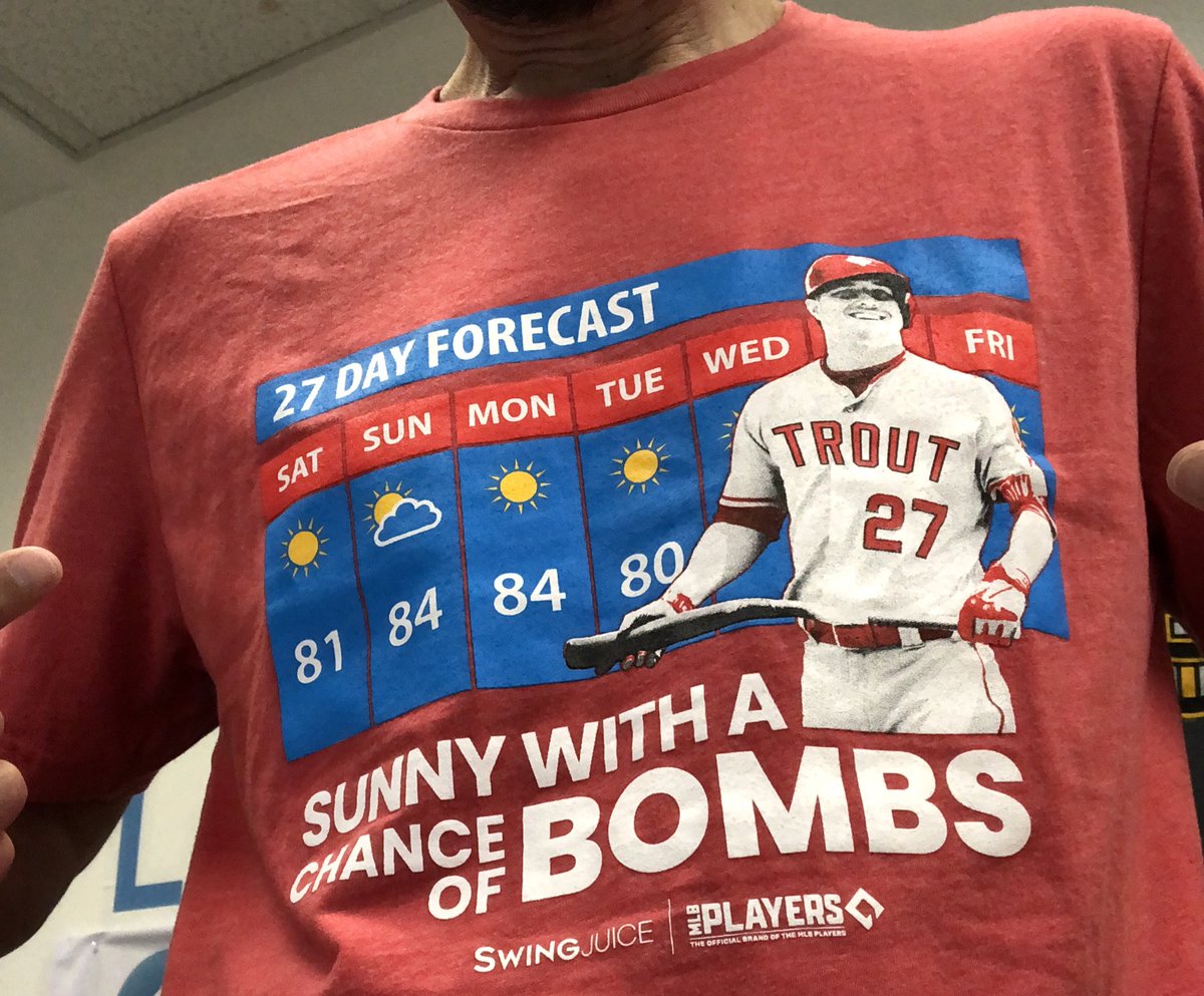 DakotaSpin's tweet image. Mike Trout licensed @MLBPAClubhouse  apparel only available from @SwingJuice at swingjuice.com @MikeTrout #SunnyWithAChanceOfBombs @Angels #WeBelieve - I’m going to give 5 followers this shirt free - must like &amp;amp; Retweet this to be eligible! #DakotaShirtGiveAway