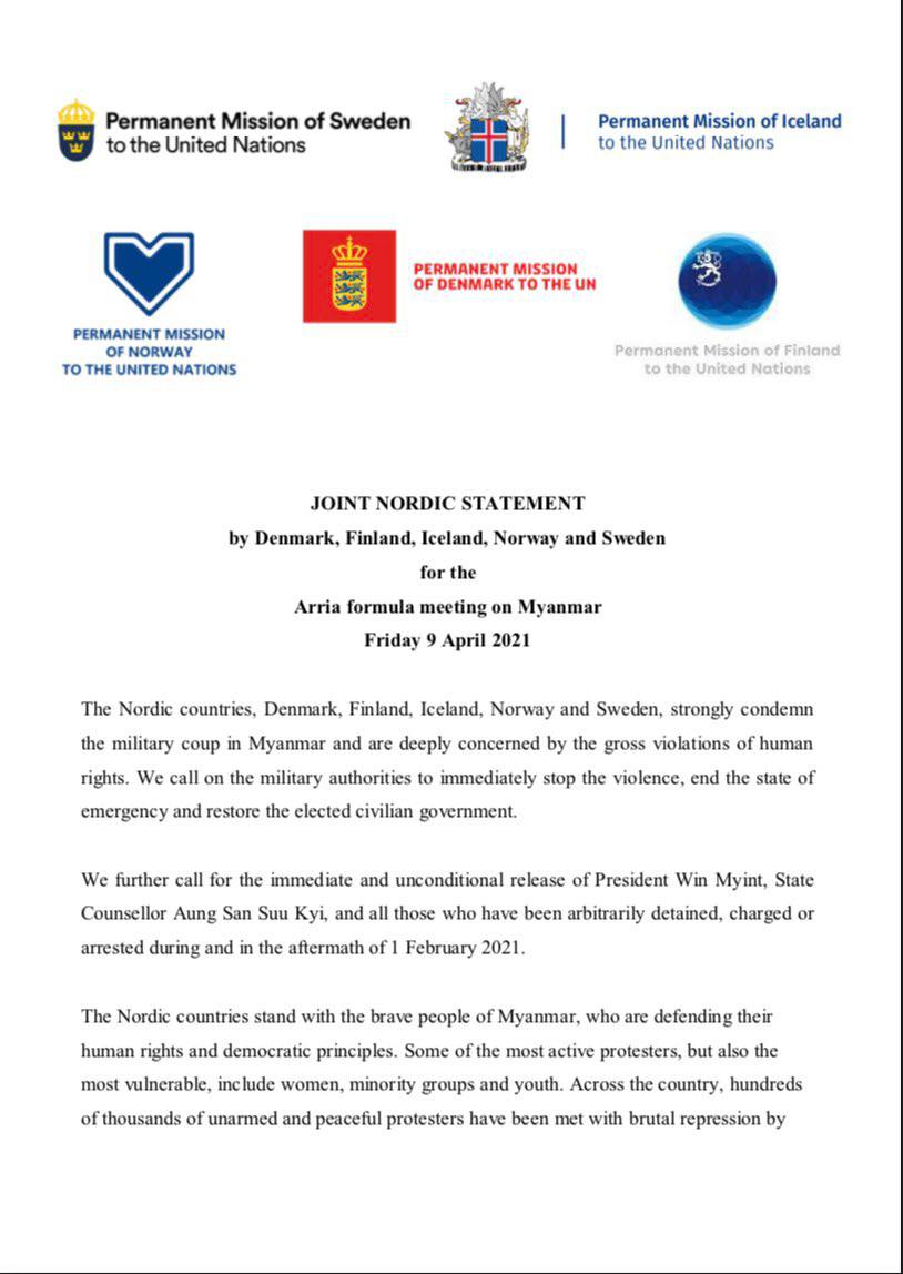 SweZinWin87's tweet photo. Five countries; Denmark 🇩🇰, Norway 🇳🇴, Sweden 🇸🇪, Iceland 🇮🇸 and Finland 🇫🇮 have issued a joint statement on the entry of R2P Myanmar on Apr 9. Thank you for your enormous support. We, Myanmar, truly appreciate this.
ELECTED CRPH
#WhatsHappeningInMyanmar 
#Apr10Coup https://t.co/ySN0AN6C8K