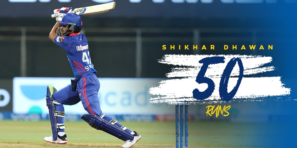 DelhiCapitals's tweet photo. Blazed to 5️⃣0️⃣ 💥

Gabbar brought his A-game on our opening night 🤩

#YehHaiNayiDilli #CSKvDC #IPL2021 https://t.co/zgE0smxAyL