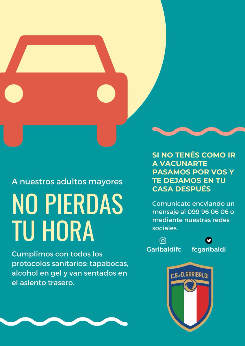 FcGaribaldi's tweet photo. Buenas. En este momento tan complicado puede que se nos haga difícil poder acompañar a nuestros adultos mayores a vacunarse. Es por eso que nos gustaría colaborar estando a disposición para llevarlos, acompañarlos y volver a dejarlos en sus hogares. ¡Gracias! https://t.co/V7eBmdrfAU