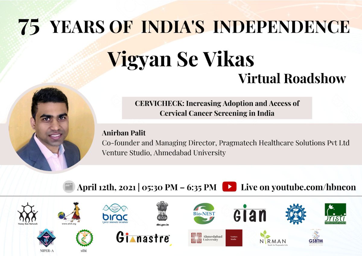 SRISTIORG's tweet image. SESSION 4: ‘Gandhian spirit of AtmaNirbharta for Start-Ups of tomorrow’
CERVICHECK: Increasing 
Adoption and Access of Cervical 
Cancer Screening in India

Mr.Anirban Palit
Co-founder &amp;amp; Director
Pragmatech Healthcare Solutions Pvt Ltd @VentureStudioAU
youtube.com/hbncon