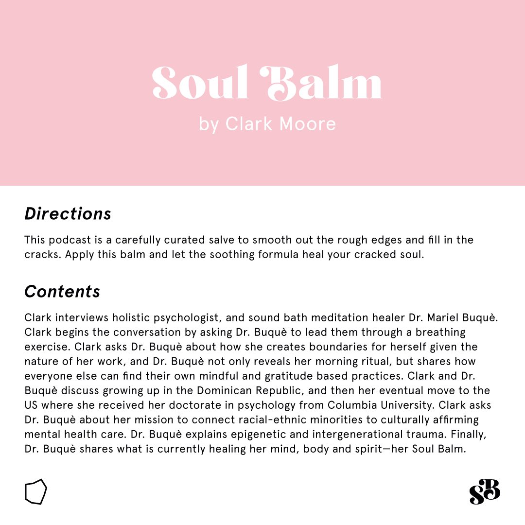 SoulBalmPod's tweet photo. Our most recent episode features  @drmarielbuque – the healing begins from the very first moment of the interview! Take a deep breath and join us wherever you get your #podcasts. 🧘🏾‍♂️💕 https://t.co/dEm3FEQXTl