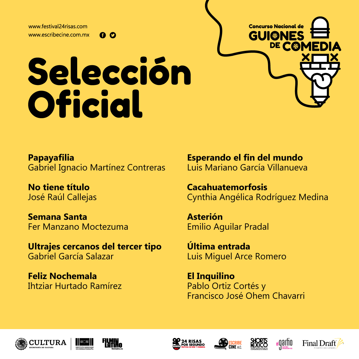 #Resultados Te presentamos los guiones que estarán compitiendo por el premio al Mejor Guion de Comedia.  
🥳🤣🤡

¡Muchas felicidades a nuestros seleccionados!
<a href="/24RisasXSeg/">Fest. Int. Cine y Comedia, 24 Risas por Segundo</a> <a href="/elgarfioac/">EscritoresElGarfio</a> <a href="/shortsmexico/">Shorts México</a> <a href="/finaldraftinc/">Final Draft</a> @filminlatino