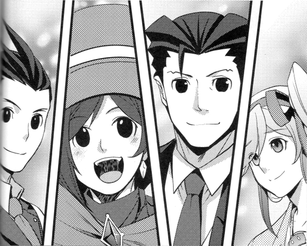 Phoenix, Apollo, Trucy, and Athena illustrations from the official light novels