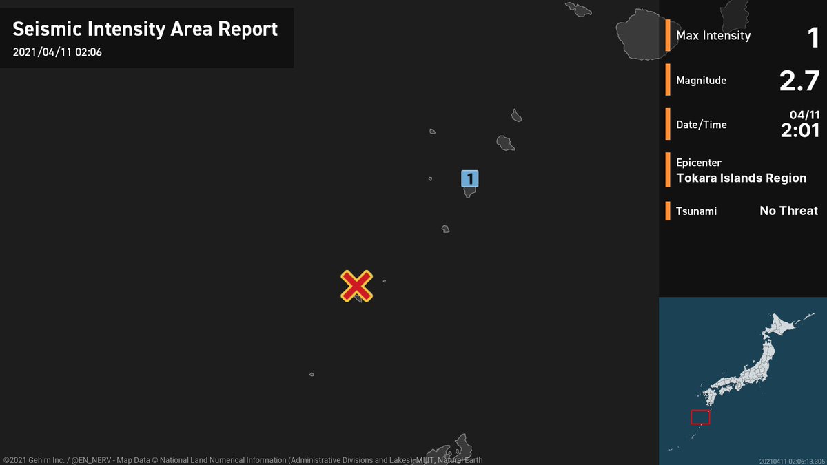 Earthquake Detailed Report – 4/11
At around 2:01am, an earthquake with a magnitude of 2.7 occurred near the Tokara Islands at a depth of 20km. The maximum intensity was 1. There is no threat of a tsunami. #earthquake https://t.co/nOf1PDDNG7