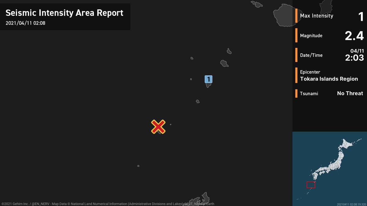 Earthquake Detailed Report – 4/11
At around 2:03am, an earthquake with a magnitude of 2.4 occurred near the Tokara Islands at a depth of 20km. The maximum intensity was 1. There is no threat of a tsunami. #earthquake https://t.co/RESAJlvB2d