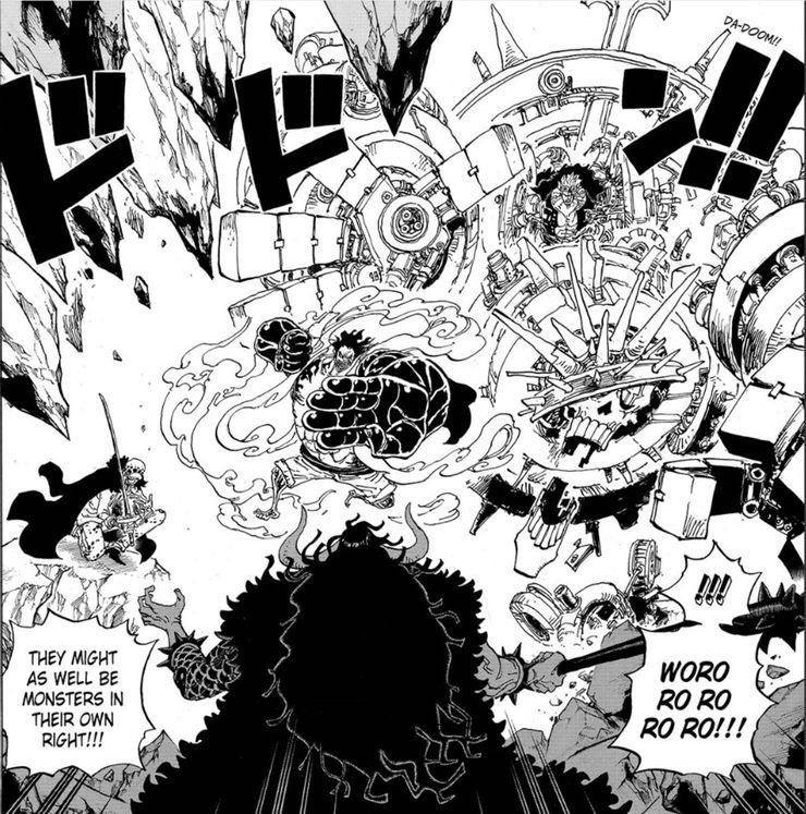 - Ils se prend Luffy en Gear Fourth, Kid en Punk Rotten, Se fait trancher par Zoro et Killer mais ne vacille toujours pas - Se prend deux fois un coup d’épée dans le coeur, sans aucun effet