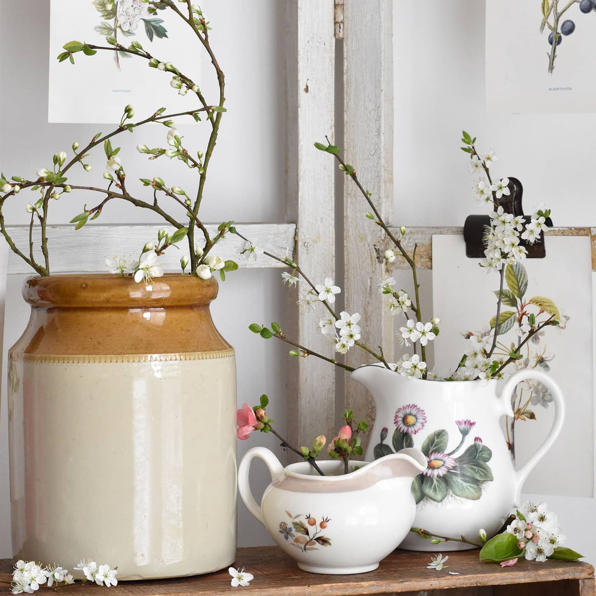 Vintage Florals... Pretty vintage floral jugs paired with delicate Spring blossom look wonderful when styled with more rustic pieces such as this stoneware jar. These two jugs are available to purchase via our website (link in bio) #virtualvintage #shopsmallbusiness