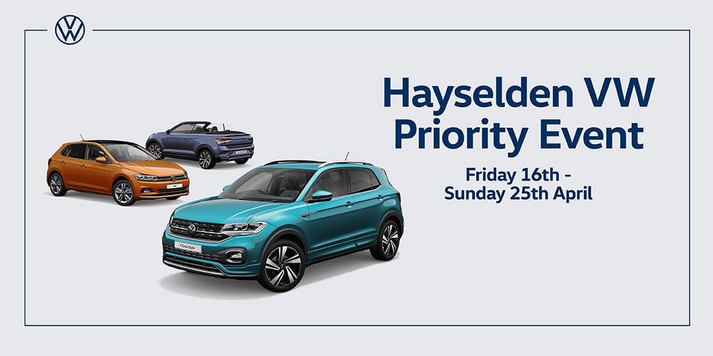 Our Priority Event starts on the  16th April 

Enjoy three months on us on eligible stock vehicles,  
with up to 3.2% APR Representative.

Secure your priority booking now:

hayseldenvw.prioritybookings.co.uk/Register