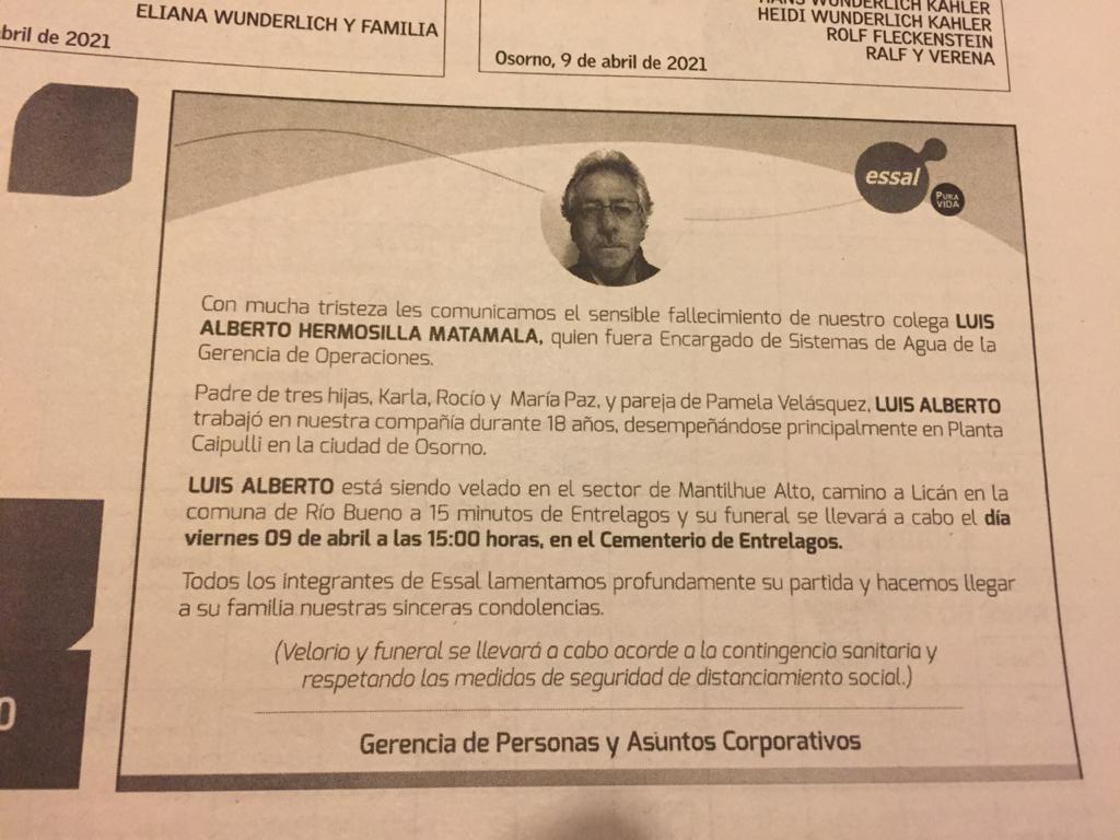 cutllanquihue's tweet photo. Nuestras condolencias a la familia de LUIS ALBERTO HERMOSILLA MATAMALA QEPD, a sus amigos y compañeros de labores, a los operadores, analistas, coordinadores, supervisores y todo el personal de essal Osorno, por su perdida, un abrazo a la distancia José Pacheco Sánchez y familia https://t.co/QpAw4OVsYo