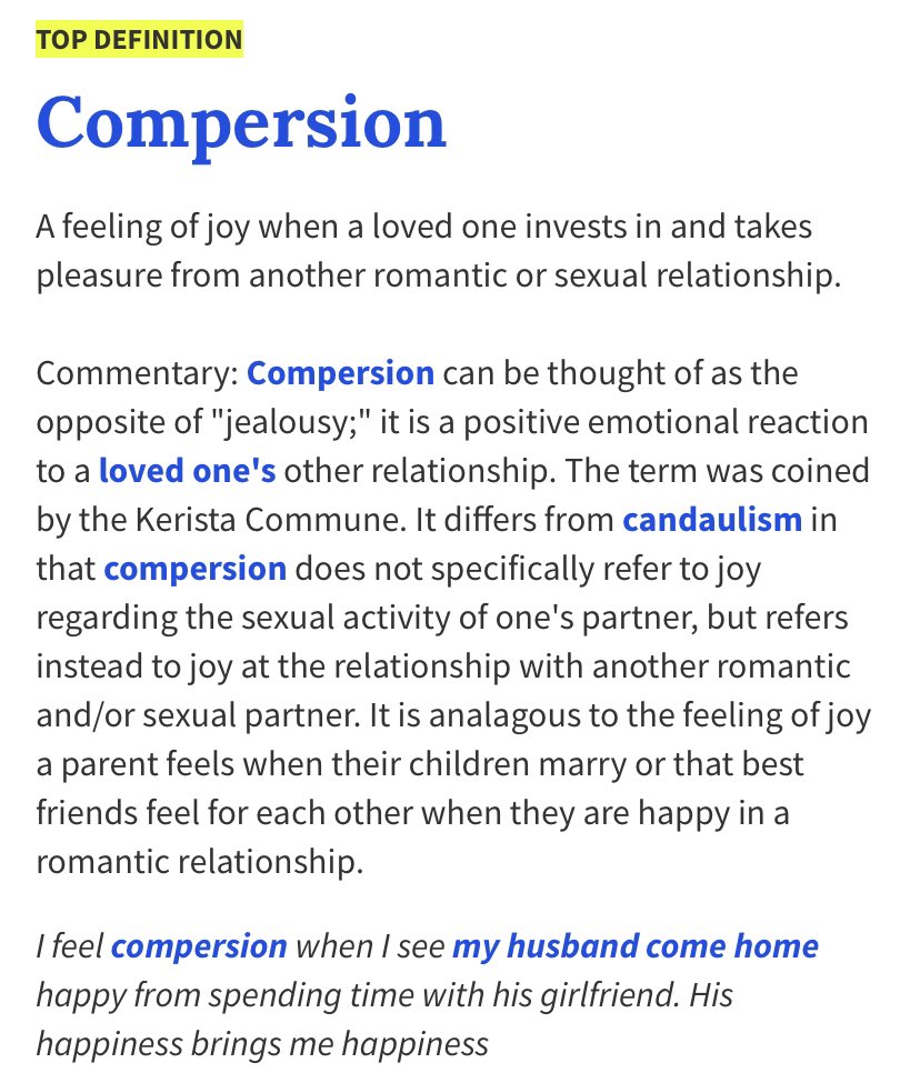 To clarify in case y’all non-polyam folks don’t know this word, compersion. While not in an official dictionary, it carries tremendous meaning and conveys a feeling not often felt outside of consensual non-monogamy.From Urban Dictionary: