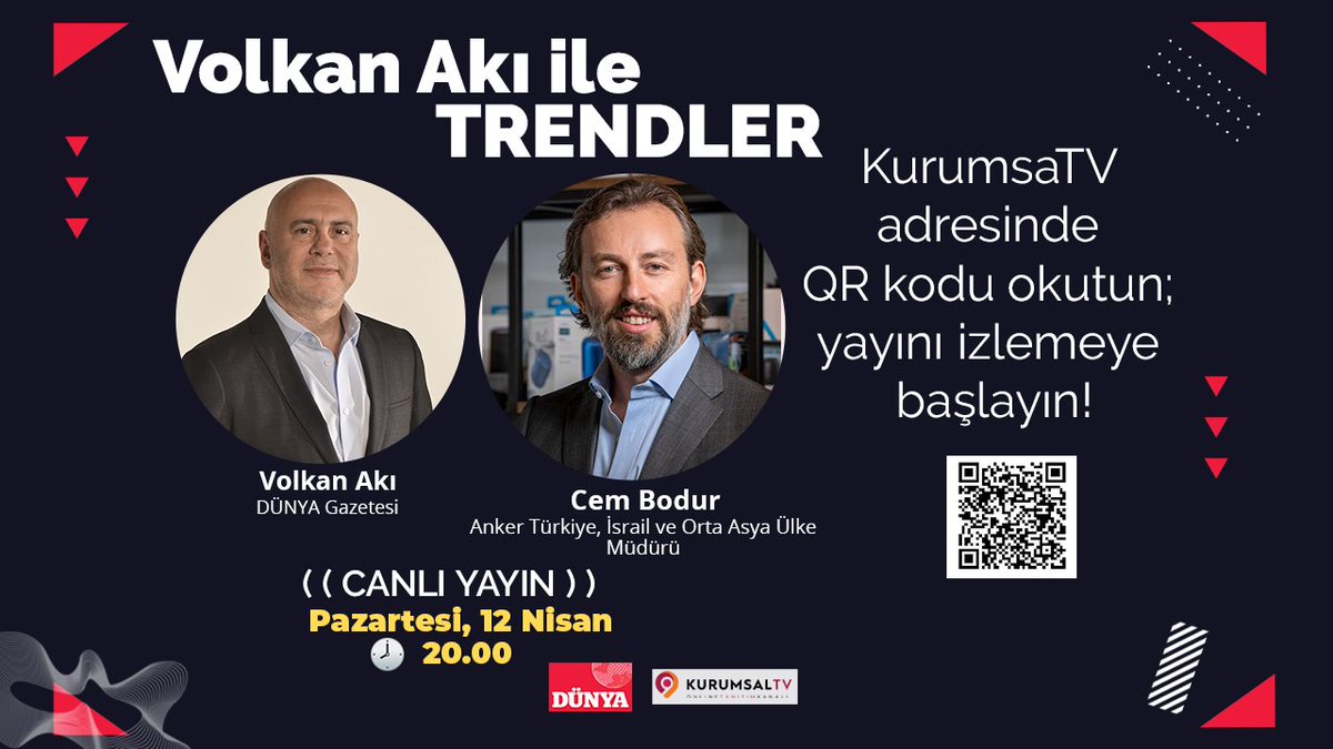 Anker Türkiye, İsrail ve Orta Asya Ülke Müdürü Cem Bodur Volkan Akı ile Trendler programında
<a href="/volkanaki/">VOLKAN AKI</a> <a href="/ankertrdistrib/">Anker TR Distributor</a> <a href="/cbodur/">Cem Bodur</a>  

🌐kurumsal-tv.com/live-stream/in… üzerinden izlemek için kodu girin yada QR kodu okutun 
Yayın kodu: pPJZIAz

📢 Kurumsal TV'ye şimdi üye olun