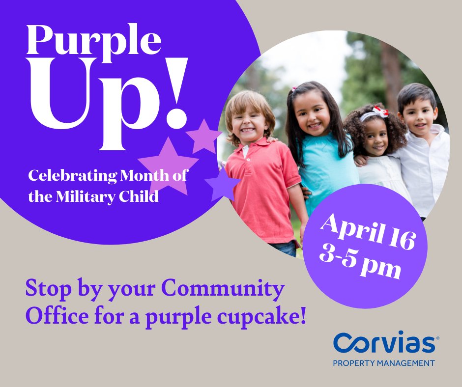 RileyResidents's tweet image. 💜 Purple Up! on April 16 to show your support for military kids by wearing purple! We'll also be offering purple cupcakes at our community offices from 3-5 pm that day as special treat for our youngest residents. 💜 #PurpleUp #MonthoftheMIlitaryChild #MOMC