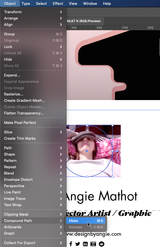 PtiteAngele's tweet photo. Your objects won't make a clipping mask in #AdobeIllustrator ? Try taking the top vectors, and check the "Object" menu > Compound Path > Make.
Solves it 99.9 % of the time for me ๐
.
#WorkingWithVectors #TipsAndTricks #ClippingMasks https://t.co/yzvNTbtIzu
