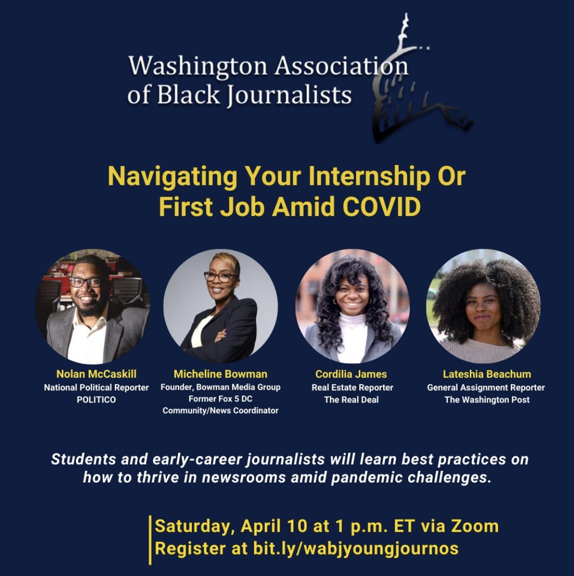 . @CordiliaJames,  @AU_SOC grad, speaks @ the  @WABJDC session on interning/working in a pandemic: learning that is commonly absorbed in a newsroom like listening to veteran journalists interviewing others can’t happen virtually so communication will be key for interns & supervisors