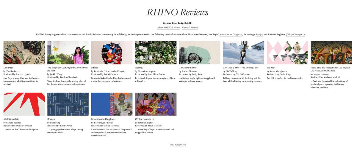 rhinopoetry's tweet photo. RHINO Reviews 4.4 is live! Reviews of books by @tamikobeyer @LoneberryWang @BenKingsleyy @GenevieveKaplan @rmennies @tafdrup1 @SandraBeasley. and more! Plus reprises of these important voices: @su_hwangster @bjanepr Fatima Asghar. Read ‘em all! https://t.co/DmXG7UwdQa https://t.co/hV6rWmHnPK