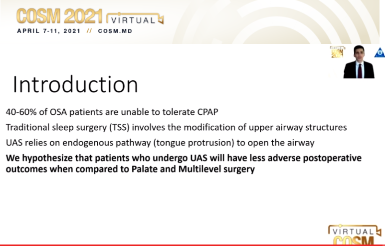 Triological's tweet photo. Thomas Fitzpatrick and co-authors compare #Readmission and #ComplicationRates between traditional #SleepSurgery and #UpperAirwayStimulation using a national database #COSM2021 https://t.co/NH5otWshFM