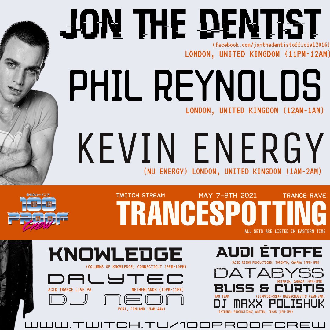 Coming up on Friday May 7th, I'll be streaming for 100 Proof Crew's "Trance Spotting" along with legends Jon the Dentist, Kevin Energy + many more w/ an extremely rare trance set with some techno hybrid tracks! Get Ready! 
 twitch.tv/100proofcrew