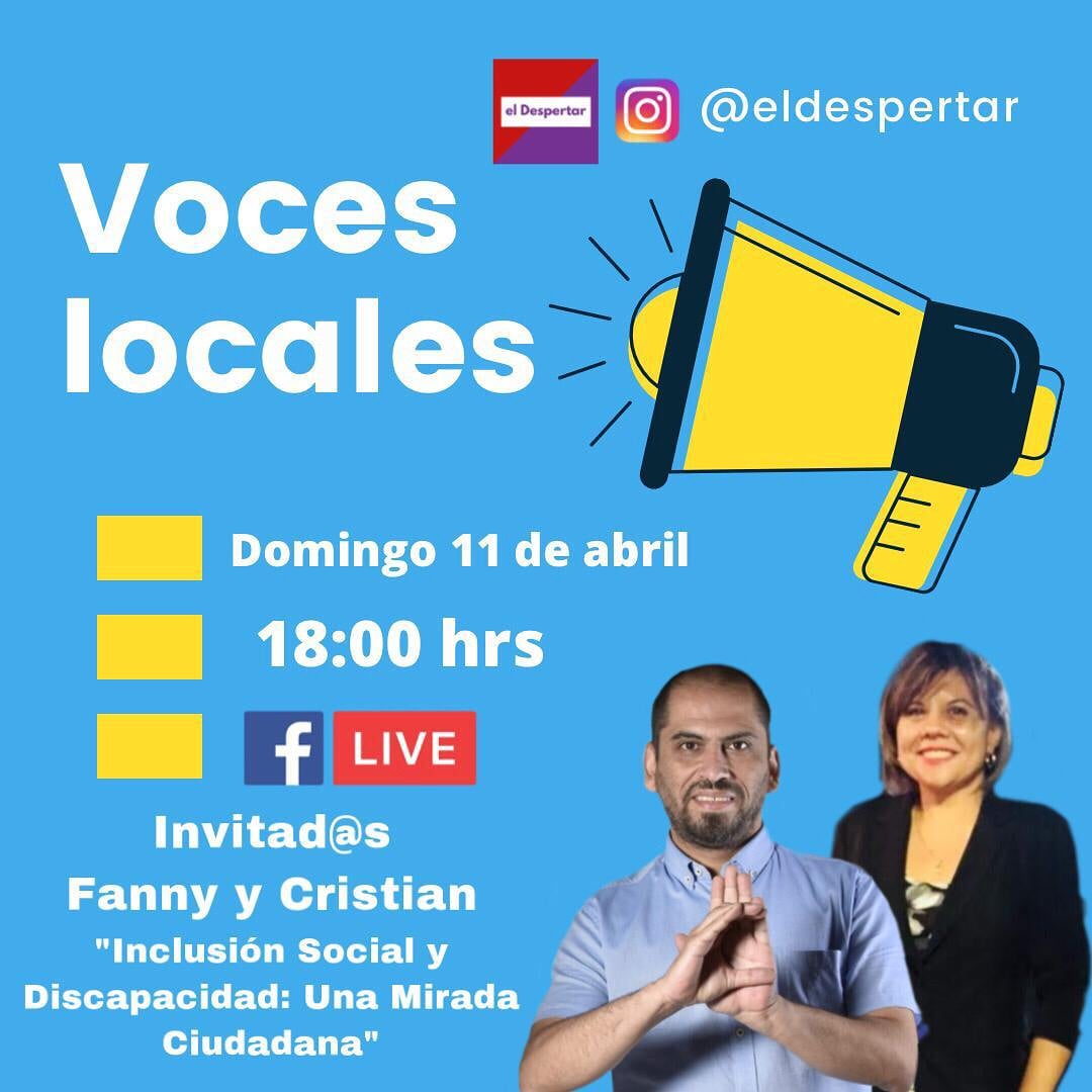 Este domingo 11 de abril a las 18:00 horas estaré en el Facebook live de El Despertar en Voces Sociales conversando acerca de inclusión social y discapacidad. 
¡Los esperamos!
La transmisión la pueden ver en: facebook.com/elDespertar.p/