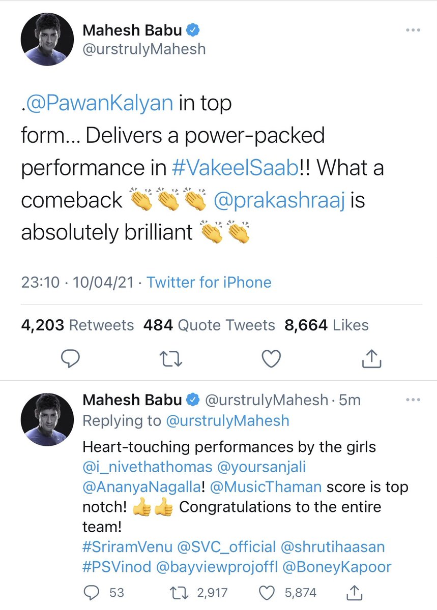 '@urstrulyMahesh'
And the Performer himself took the twitter to praise @PawanKalyan's Powerpacked performance in #VakeelSaab 🔥

#SathyamevaJayathe 🔥

No One can Supress or stop the True content.. a true Blockbuster!
#APGovt #PawanKalyan  & Power of content!