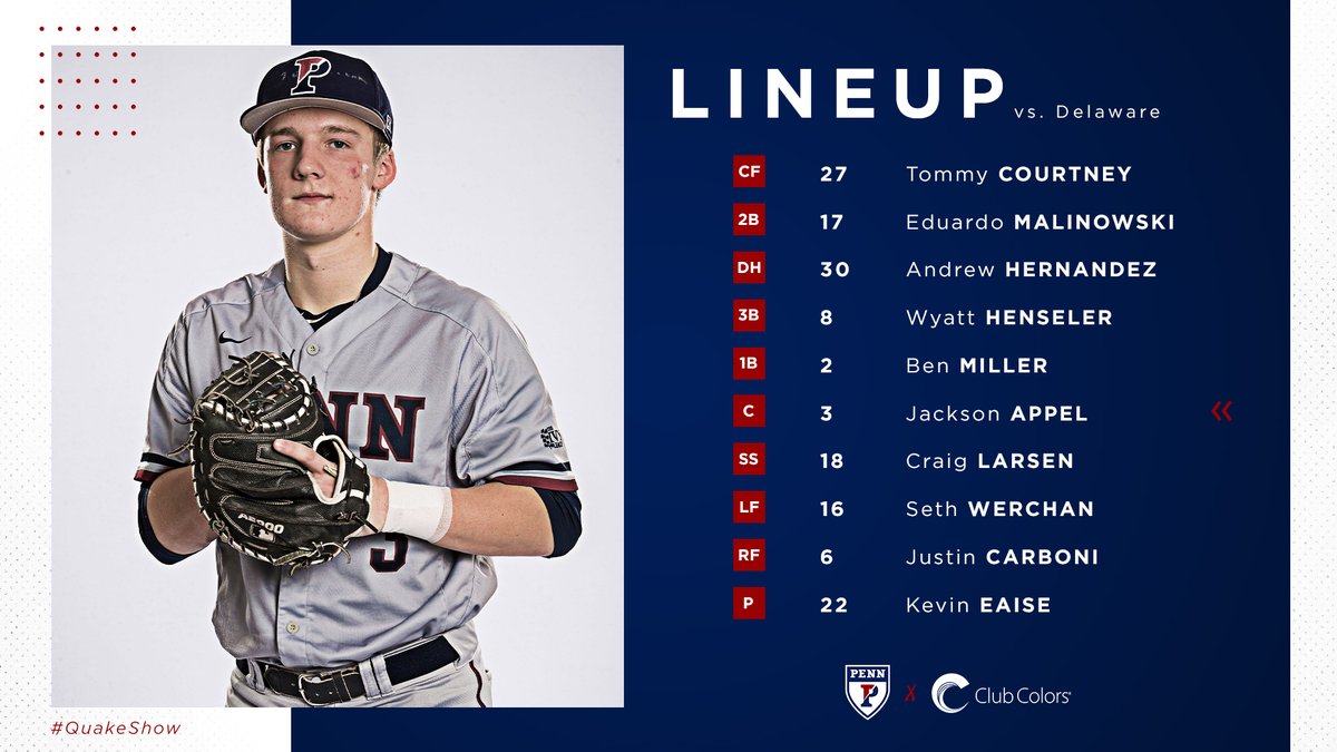 Let's run it back. Starting lineup for game 2⃣ presented by @ClubColorsBrand Follow along live ⬇️ 📊 bit.ly/2QdZNND 💻es.pn/2RoOmDj #QuakeShow | #FightOnPenn 🔴🔵⚾️