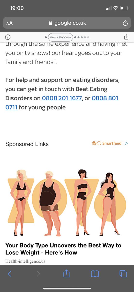 FillingThePages's tweet photo. Are you F*ing joking @SkyNews?!?! Article about #NikkiGrahame who died from an eating disorder followed by an ad about how to lose weight. Get your ad filters sorted out!!! https://t.co/PDedLLMvYs