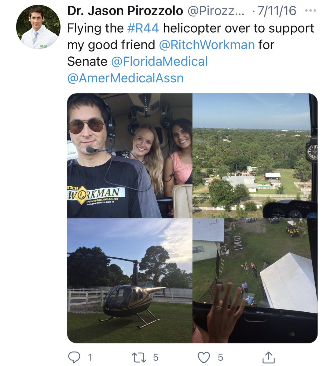 A 2016 photo reveals Jason Pirozzolo used a helicopter to promote the campaign of his “good friend” former Florida House Rep Ritch Workman.Savara Hastings and an unidentified woman are in the back seat of the helicopter.