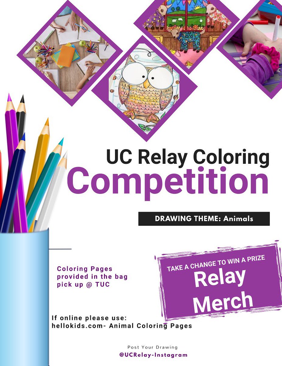 UCRelay's tweet image. To start off Fun Hour we will be doing a Coloring Competition! All the supplies were provided in the bag pick up! If you weren’t able to pick one up, here’s the link to the coloring pages - Hellokids.com. Tag us on facebook with @cincinnaticacrfl or instagram/twitter