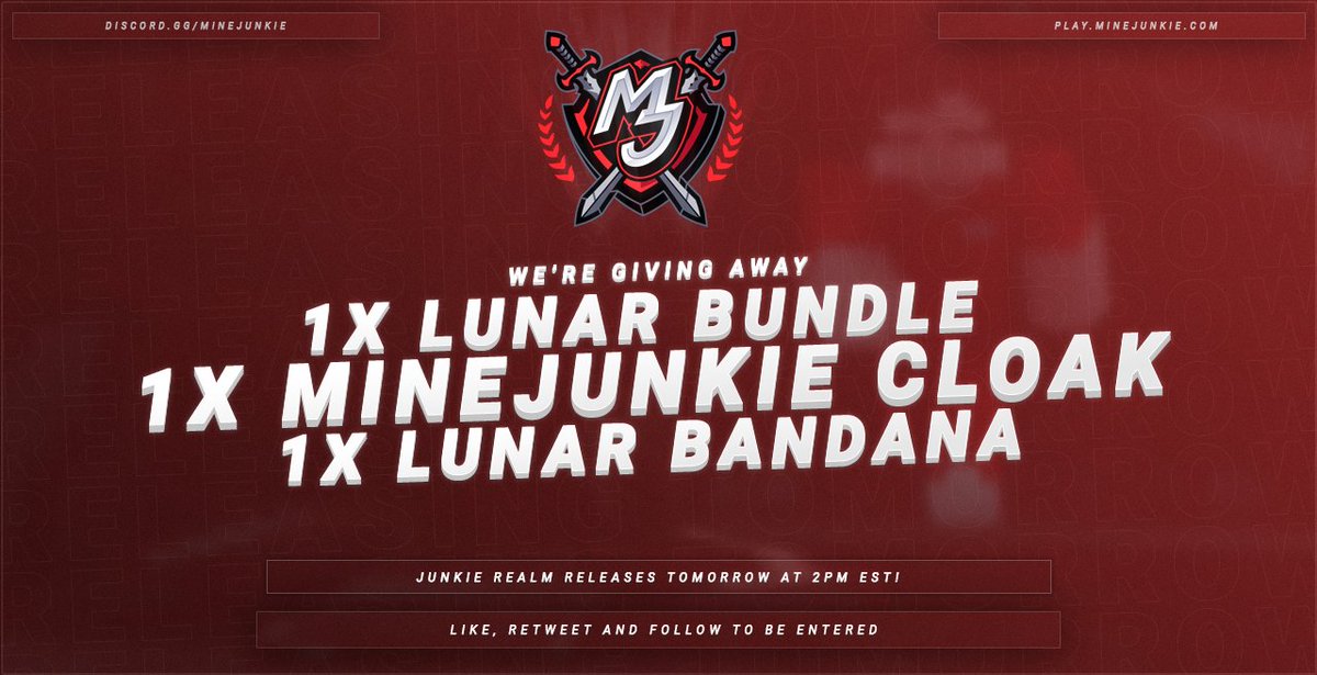 MineJunkie's tweet photo. Junkie Realm release takes place this Sunday, at 2PM EST.

In celebration, we will be giving away the following @LunarClient cosmetics.

1x Lunar Bundle
1x Lunar MineJunkie Cloak
1x Lunar Bandana

Follow @MineJunkie, Retweet, and Like to enter. Good luck! https://t.co/5BcUsjMOsu