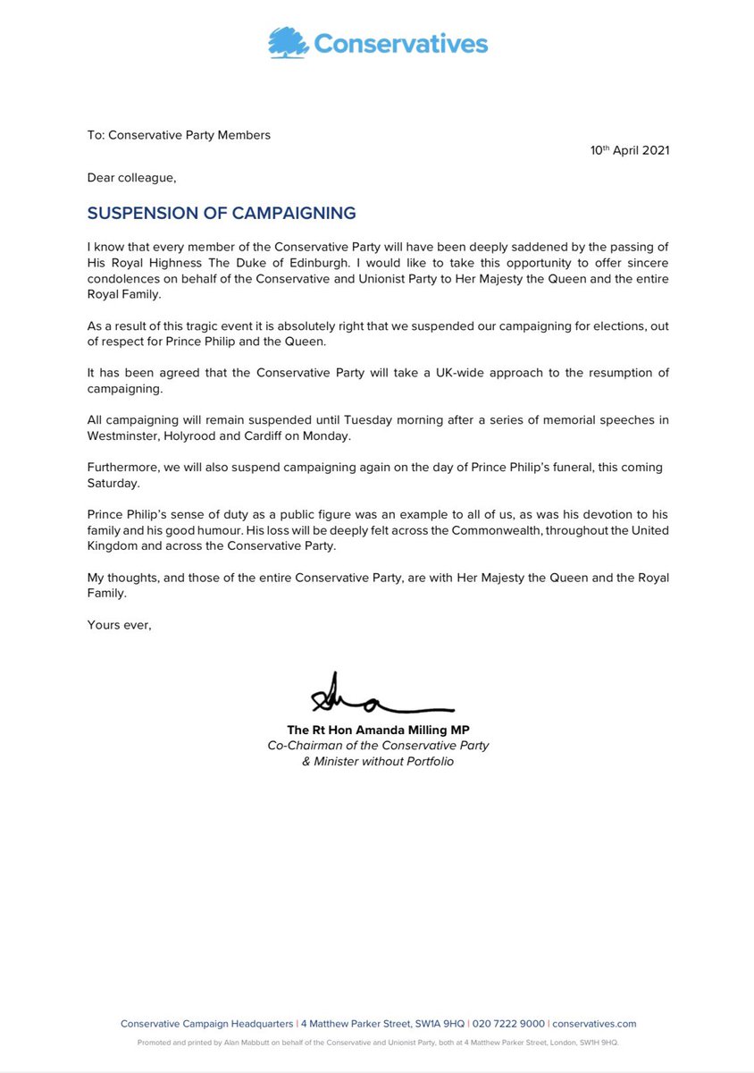 The respectful pause to campaigning will end on Tuesday morning.

My thoughts, and those of the entire Conservative Party, are with Her Majesty the Queen and the Royal Family.