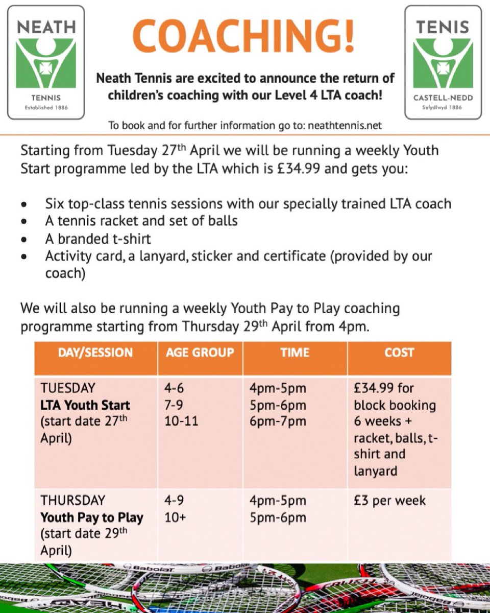 Neath Tennis/Tenis Castell-Nedd (@neathnedd) on Twitter photo 🎾Children’s coaching is back🎾
To book and for more information click the link: clubspark.lta.org.uk/NeathCommunity…
If you have any queries you can email us at: neathtenniscoaching@gmail.com 🎾Children’s coaching is back🎾
To book and for more information click the link: clubspark.lta.org.uk/NeathCommunity…
If you have any queries you can email us at: neathtenniscoaching@gmail.com