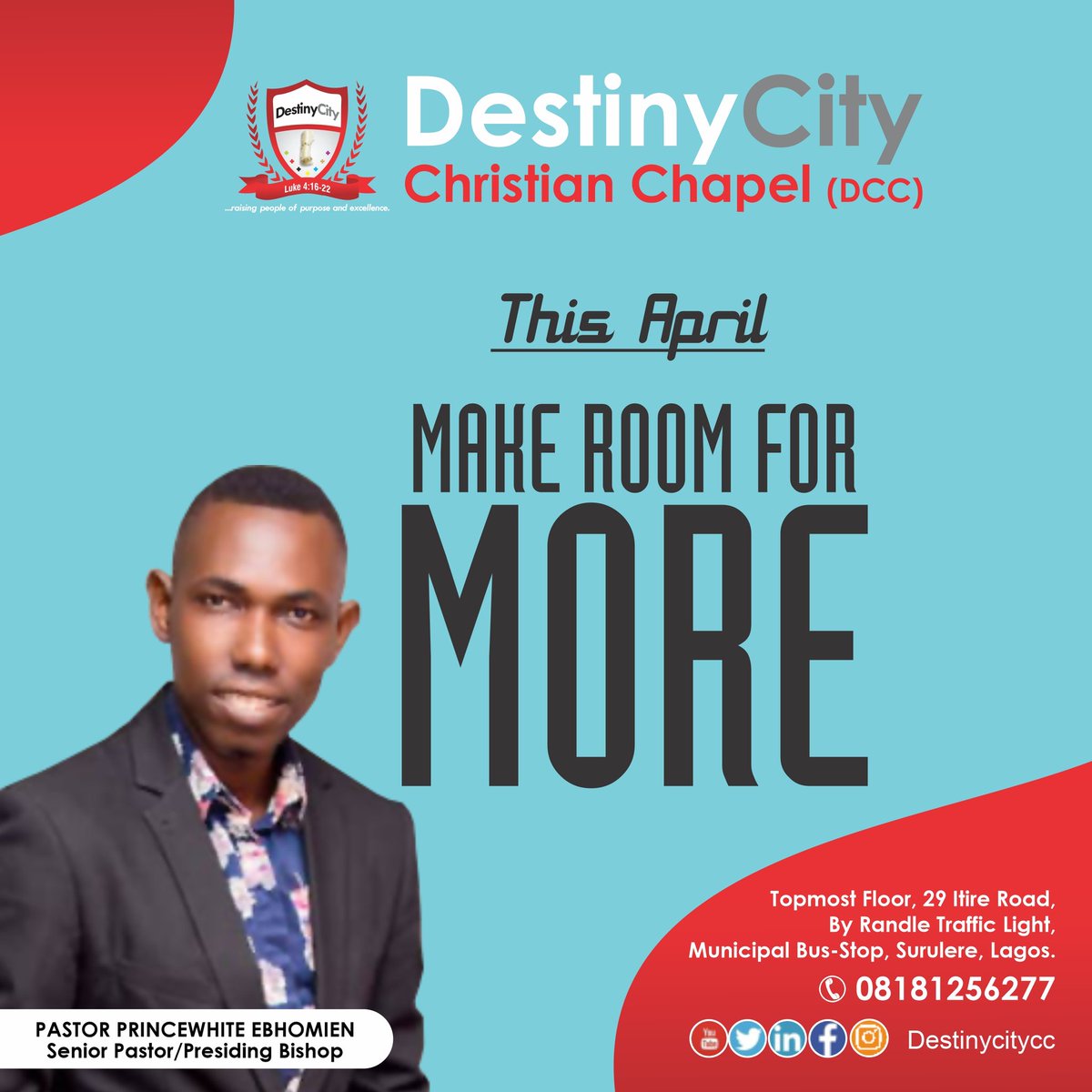 eprincewhite's tweet photo. This April has been phenomenon!

Join us All Sundays and Wednesdays as we dig deeper into the mystery of MORE.

You cannot remain what and where you currently are - with all that God has deposited inside of you.

Check attached flyer for more information.

See you in Church! https://t.co/VGRTOM6694