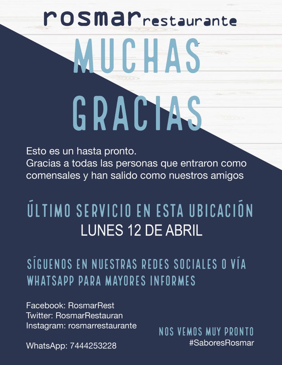 RosmarRestauran's tweet photo. ¡muchas gracias a todos!

Nos ausentaremos tan solo un tiempo, pero regresaremos con otras nuevas y recargados de #SaboresRosmar

🌴🌴🌴 https://t.co/Iz1lFpfzdy