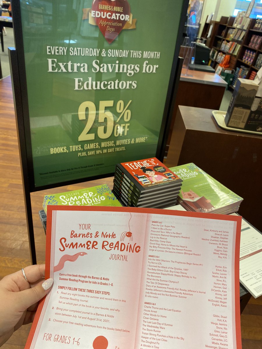 BNHyannis's tweet photo. Attention Educators!!
Did you know that April is educator appreciation here at Barnes &amp; Noble? Every Saturday and Sunday of April you can save up to 25% off with your educator card! We also have packets that make summer reading a breeze and help your students earn a free book!! https://t.co/AdSFtT4nsZ