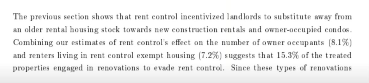 Firstly, in the video while this image is on the screen he claims that "The paper claims that the policy led to a 15% reduction in rental units, although if you unpack this it's actually 8% being converted into owner occupied buildings, with a further 7% being converted...