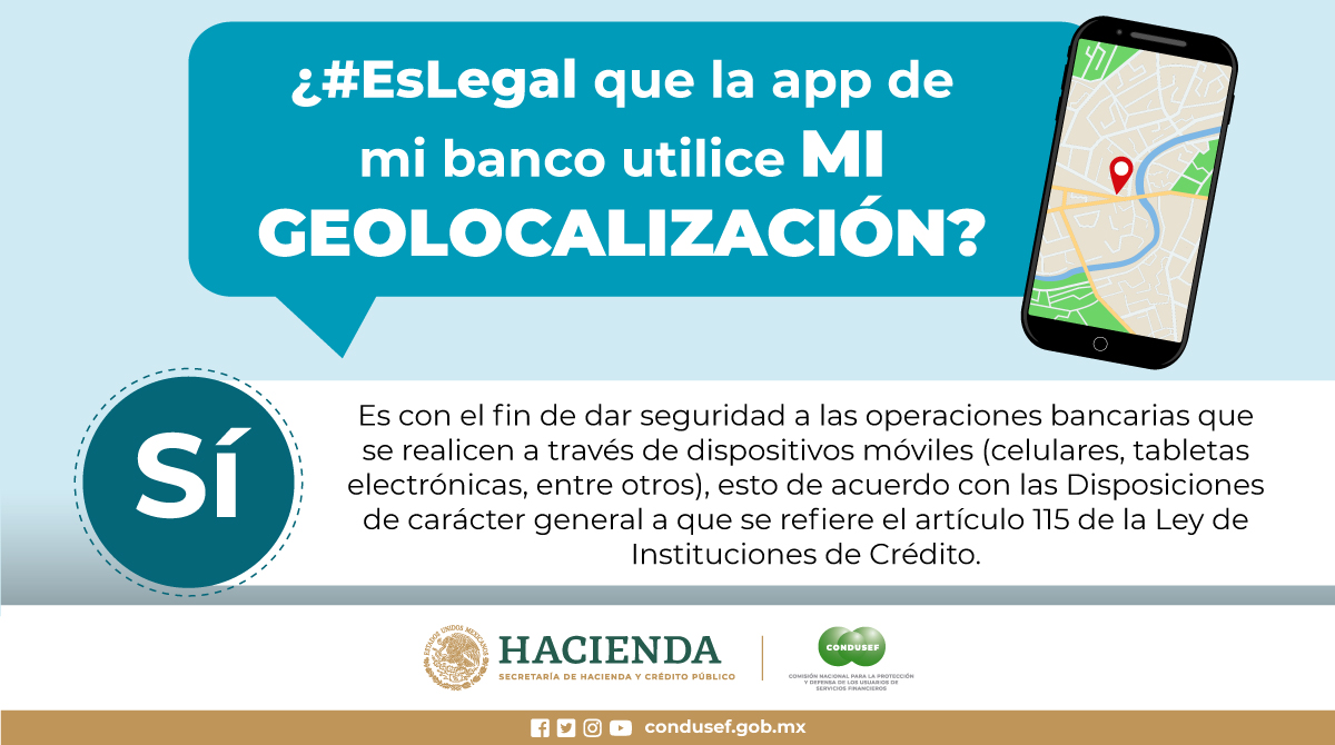 CONDUSEF on Twitter: "Seguro te preguntarás si tu banco puede solicitar tu  geolocalización para realizar alguna operación a través de la app. #EsLegal  https://t.co/zMBS1RuAcr" / Twitter