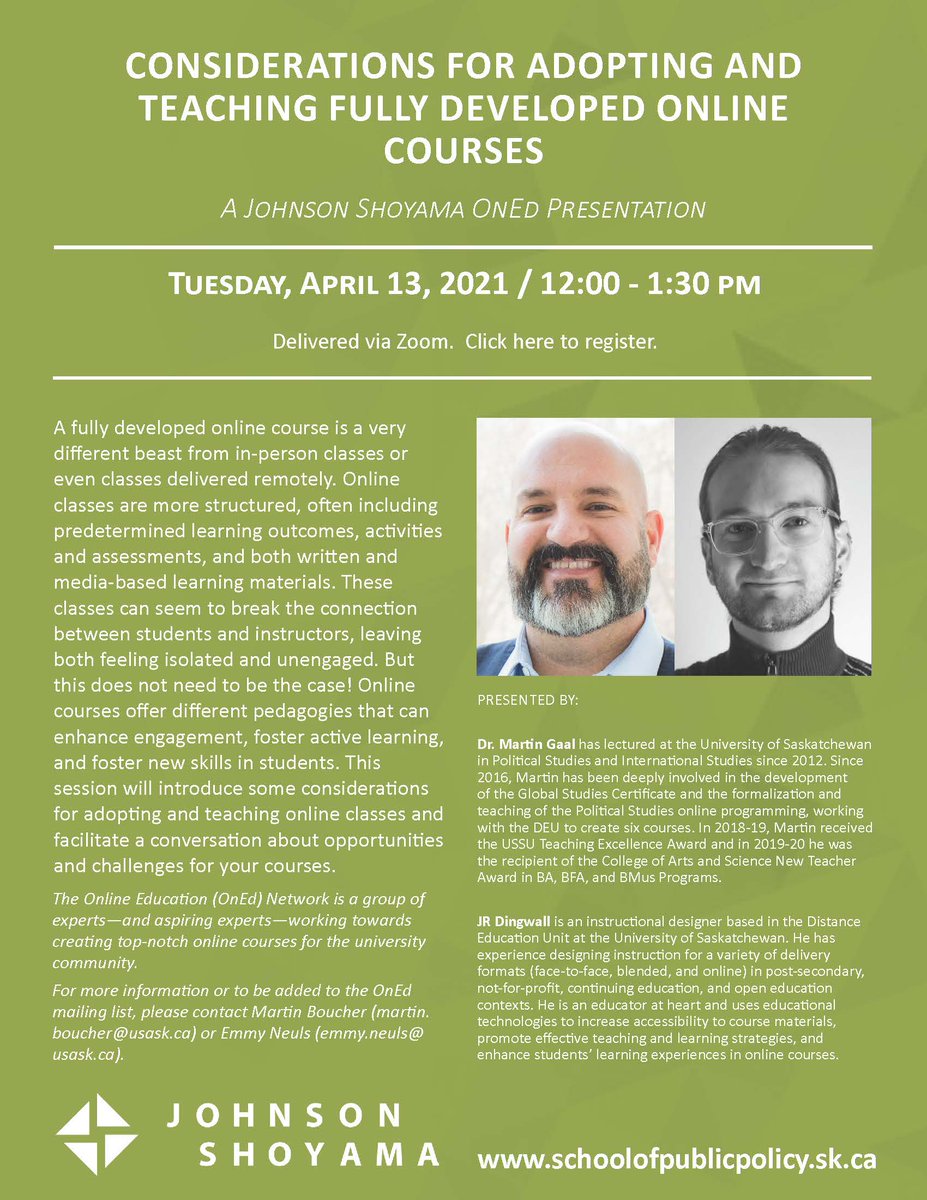 Online classes don’t need to leave both students and instructors feeling isolated and un-engaged - learn how to foster active learning, enhance engagement and foster news skills in students at the next #OnEdNetwork Webinar!  ow.ly/aPOF50Ej9ED

<a href="/JRDingwall/">James Dingwall</a>  <a href="/prof_gaal/">Martin Gaal</a>