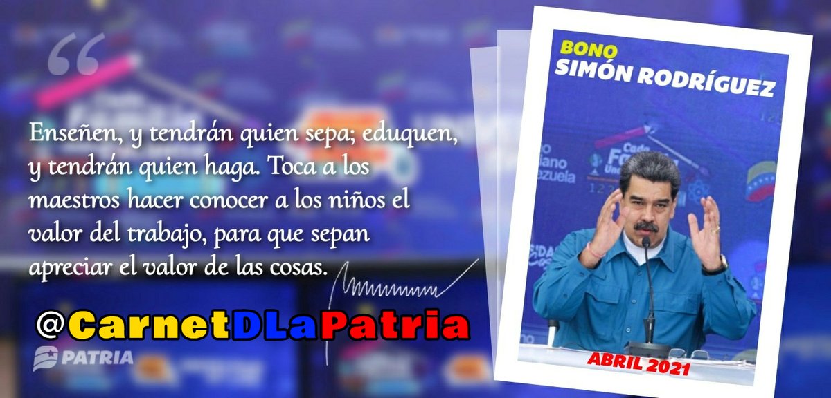 Inicia la entrega del Bono Simón Rodríguez (Abril 2021) para todas y todos los trabajadores del sector educación enviado por nuestro Pdte.<a href="/NicolasMaduro/">Nicolás Maduro</a> a través del Sistema <a href="/CarnetDLaPatria/">Carnet de la patria</a>. 

#LuchaContraLaCovid19 #10Abr Carnet de la patria
