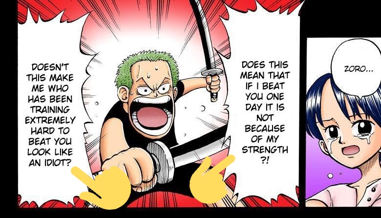 Zoro realized how unsatisfying it really is. He acknowledged that if that's the case, him winning over his opponents. Ofcourse being a man doesn't automatically make you win, just like CoC doesnt make you win. But it DOES diminish from the credit if a part of it was predetermined