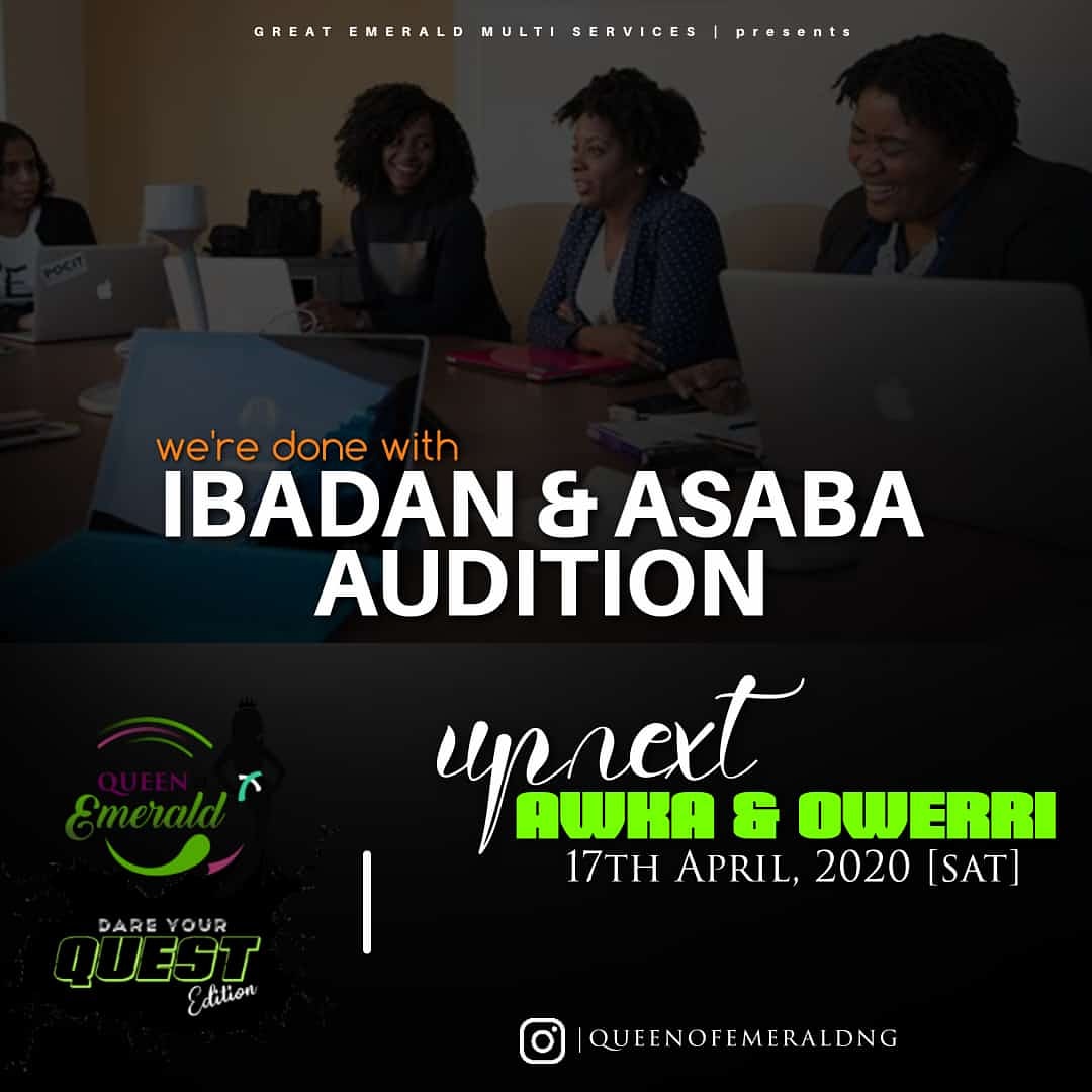 EmeraldqueensNG's tweet photo. We are done with the Ibadan &amp; Asaba Audition  for the 6th Edition of Queen of Emerald Pageant 2021. 
Next week Saturday we will be Auditioning Applicants from AWKA &amp; OWERRI - [17th April, 2021]. https://t.co/Q47RhE7ca6